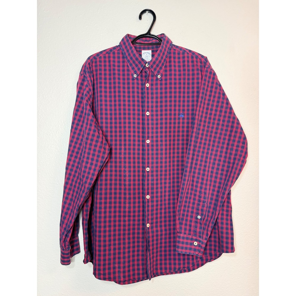 Brooks Brothers Regent Fit Red Navy Check Button Down Shirt Mens XL Cotton